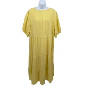 J. Jill Yellow Textured Dobby Tiered Maxi Dress Puff Sleeve Large Coastal Resort